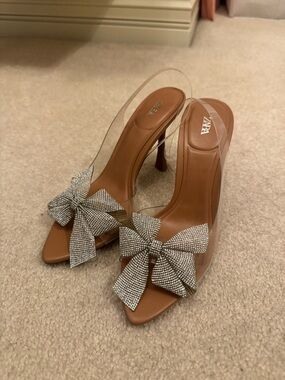 Zara Brown Bow Slip-On Heeled Sandals